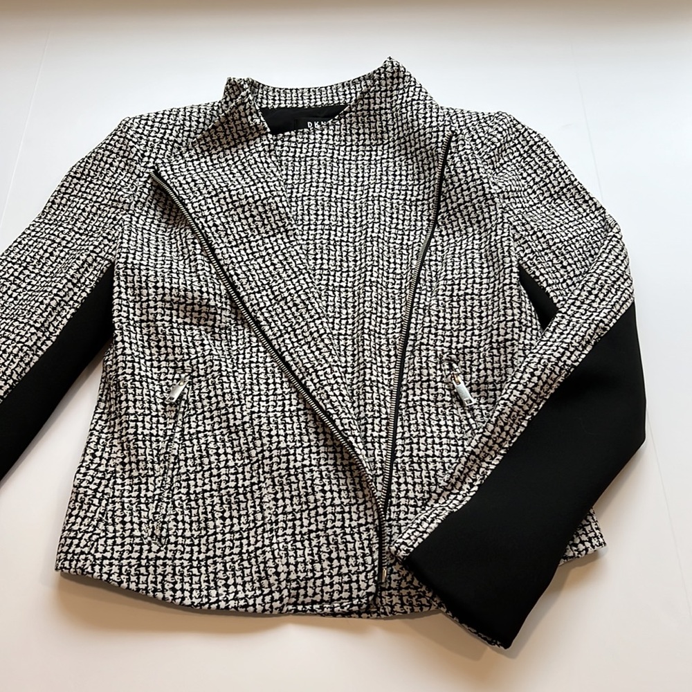 DKNY Asymmetrical Zipper Jacket, Black and White, Size 6